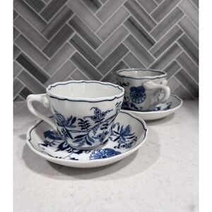 Blue Danube Tea Cups & Saucers Blue Onion Pattern Set Of 2 VTG Japan Ribbon Mark